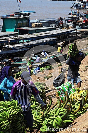 pucallpa peru, ucayali river with boats transporting banana fruits and workers unloading from the jungle to the port Editorial Stock Photo