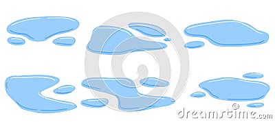 Puddle of water. Leak and blue drop. Wet blue splatter. Cartoon raindrop, icon of pond or lake. Vector Illustration