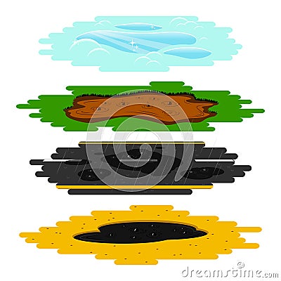 Puddles of different types set. Vector Illustration