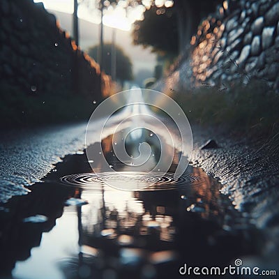 Puddles fill an empty country lane, as rain creates ripples in the water Stock Photo