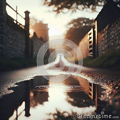 Puddles fill an empty country lane, as rain creates ripples in the water Stock Photo