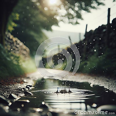 Puddles fill an empty country lane, as rain creates ripples in the water Stock Photo