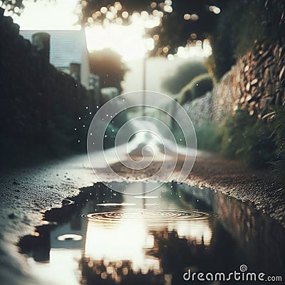 Puddles fill an empty country lane, as rain creates ripples in the water Stock Photo