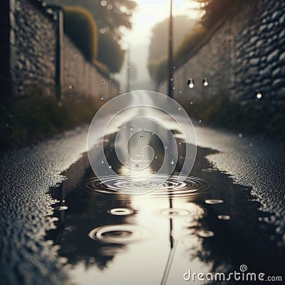 Puddles fill an empty country lane, as rain creates ripples in the water Stock Photo