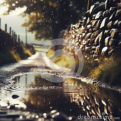 Puddles fill an empty country lane, as rain creates ripples in the water Stock Photo