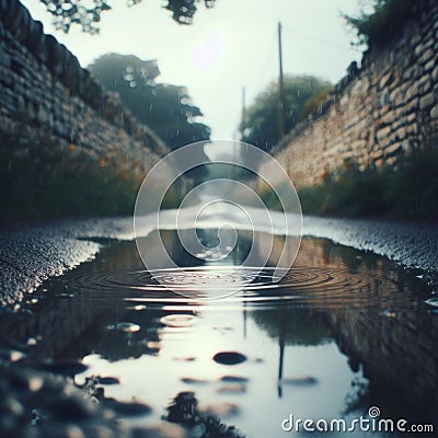 Puddles fill an empty country lane, as rain creates ripples in the water Stock Photo