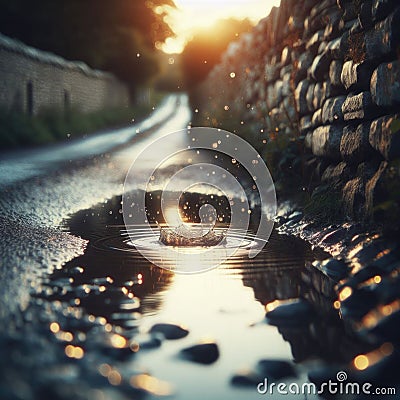 Puddles fill an empty country lane, as rain creates ripples in the water Stock Photo