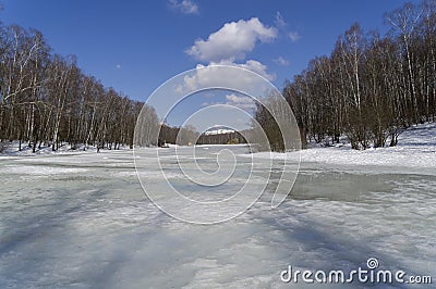 Puddles of melt water on the ice of the pond Stock Photo