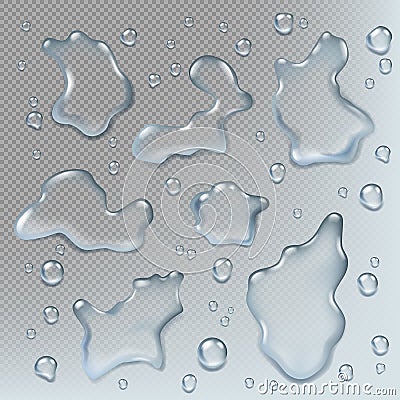 Puddles realistic. Top view liquid drops and puddle splashes wet environment illustrations set Vector Illustration