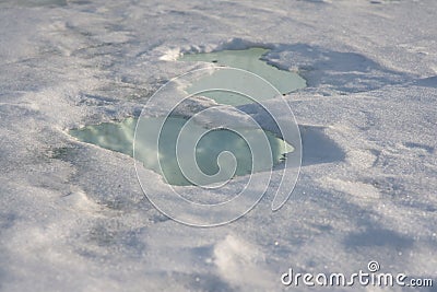 Puddles on the snow, spring coming concept Stock Photo