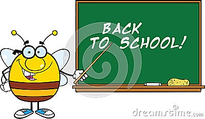 Pudgy Bee Cartoon Character With Glasses With A Pointer In Front Of Blackboard Stock Photo