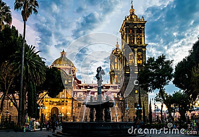 Puebla Cathedral at night - Puebla, Mexico Editorial Stock Photo