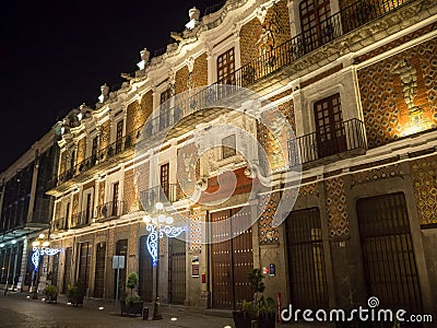 Puebla, Mexico, South America [Town of Puebla at night, street and church decorated with lights] Editorial Stock Photo