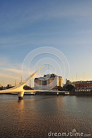 Puente de la Mujer (Womens Bridge), is a rotating footbridge for Dock 3 of the Puerto Madero district of Buenos Aires, Editorial Stock Photo