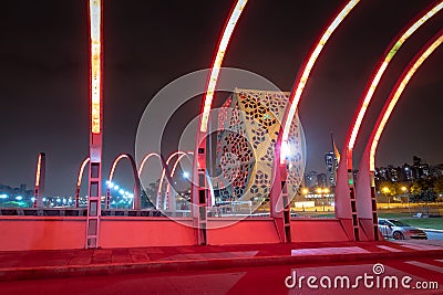 Puente del Bicentenario at night with Centro CÃ­vico del Bicentenario on background - Cordoba, Argentina Editorial Stock Photo