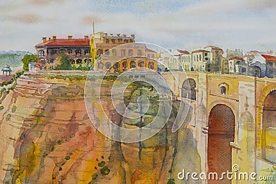 The Puente Nuevo New Bridge over Guadalevin River in Ronda. Cartoon Illustration