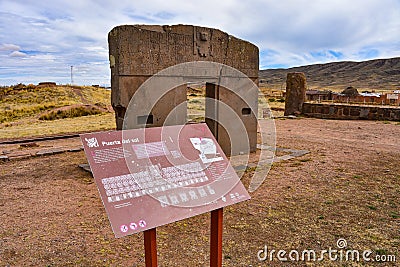 The Puerta de Sol Gateway of the Sun of the Kalasasaya, at the Tiwanaku archeological site, near La Paz, Bolivia Editorial Stock Photo