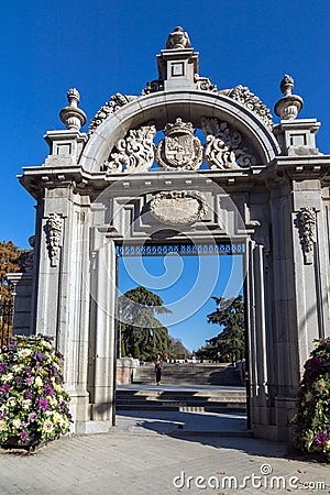 Puerta Felipe IV and Plaza Parterre in The Retiro Park in City of Madrid Editorial Stock Photo