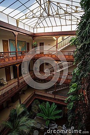 Courtyard (patio) of the oldest hotel on the island of Tenerife - Hotel Monopol Editorial Stock Photo