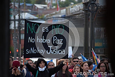 No means no. There will be no peace if there is no justice. Chilean people in a massive protest at Puerto Montt. Social crisis Editorial Stock Photo
