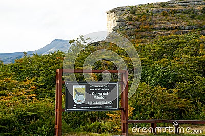 Puerto Natales, Chile - February 10, 2015: Milodon cave entry sign Editorial Stock Photo