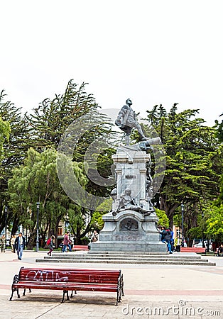 PUERTO NATALES, CHILE - JANUARY 11, 2018: View of the monument to Ferdinand Magellan aka Fernando de Magallanes. Editorial Stock Photo