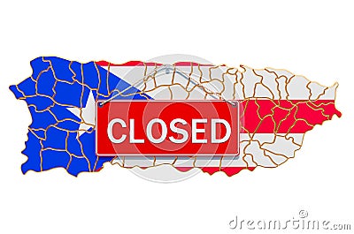 Puerto Rican map with closed hanging sign, quarantine concept. 3D rendering Stock Photo