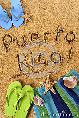 Puerto Rico beach sand word writing vertical Stock Photo