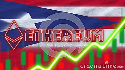 Puerto Rico Flag with Neon Light Effect Ethereum Coin Logo Radial Blur Effect Fabric 3D Illustration Editorial Stock Photo