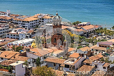 Puerto Vallarta and the Nuestra SeÃ±ora de Guadalupe church from the hills above, Puerto Vallarta, Jalisco, Mexico Stock Photo