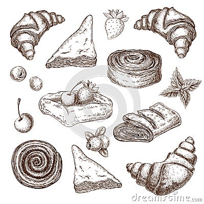 Puff pastries sketch collection isolated on white. Pastry with berries pencil drawing in vintage engraved style. puff Vector Illustration