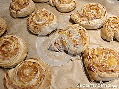 Puff pastry pizza rolls with minced beef Stock Photo