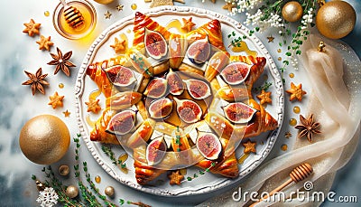 Puff pastry tart with fresh figs and a glaze of honey Stock Photo