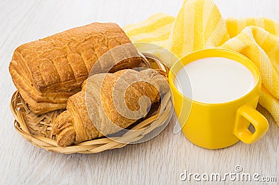 Puff pastry in wicker basket, yellow napkin, milk in cup Stock Photo