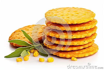 Puffed Corn Cake Isolated, Corn Diet Bread with Fragrant Herbs and Spices, Waffle with Corns, Rice, Cereal Snack Stock Photo