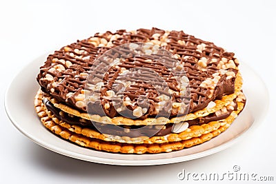 Puffed Rice Cake with Chocolate Isolated, Rice Diet Bread, Cereal Waffle, Cocoa Crackers on White Stock Photo