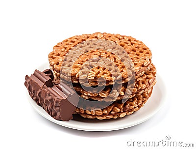 Puffed Rice Cake with Chocolate Isolated, Rice Diet Bread, Cereal Waffle, Cocoa Crackers on White Stock Photo