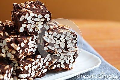 Puffed rice chocolate squares, detail Stock Photo