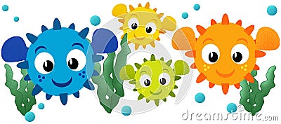 Pufferfish Family of Four with Two Parents and Two Kids Illustration Isolated on White with Clipping Path Stock Photo