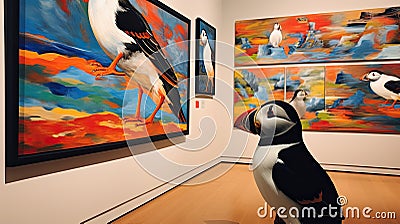 Puffin at an art museum, admires artwork of puffins. Funny scene Stock Photo