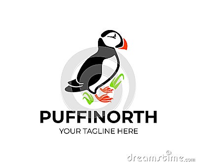Puffin bird is sitting on grass and rock, logo design. Animal, wildlife, nature, atlantic puffin and puffin colony, vector design Vector Illustration