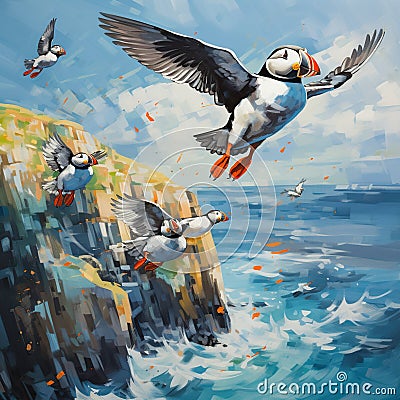 Puffin flying in the sky over the sea. 3d rendering Generative AI Generative AI Stock Photo