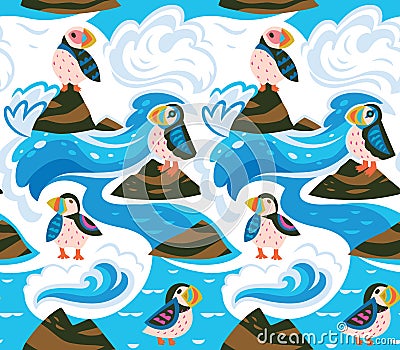 Puffins on the rocks seamless pattern Vector Illustration