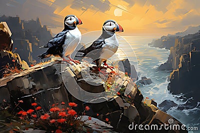Puffins on the rocks at sunset. 3d illustration. generative AI Generative AI Cartoon Illustration