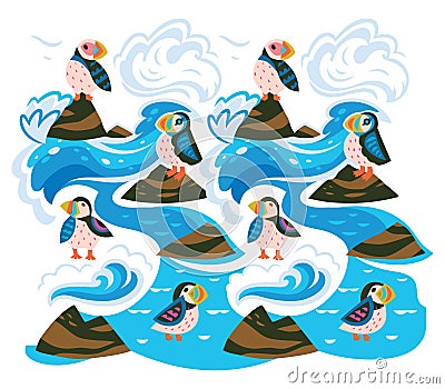 Puffins on the rocks vector print Vector Illustration