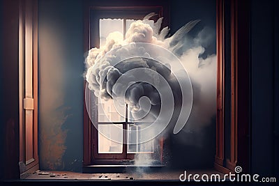 puffs of smoke from the window, floating into the sky with wisps Stock Photo