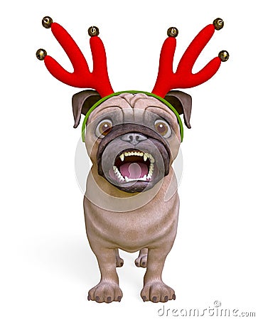 Pug cartoon with christmas antlers is afraid Cartoon Illustration