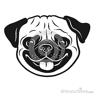 Pug dog black and white hand drawn cartoon portrait. Funny happy Stock Photo