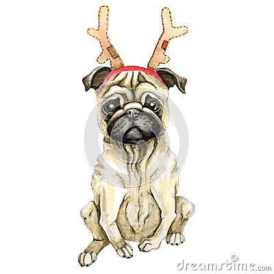 Pug dog celebrates new year in santa claus hat. Christmas puppy. Isolated on white background. watercolor deer Stock Photo