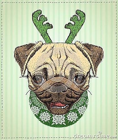 Pug dog christmas portrait, hand drawn illustration with cute pug dog Vector Illustration